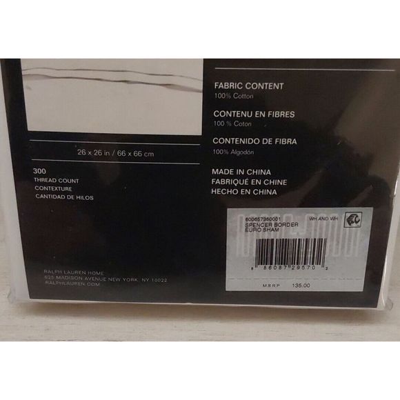 Ralph Lauren SPENCER BORDER SATEEN 100% Cotton WHITE European Euro Pillow Sham - Picture 9 of 10